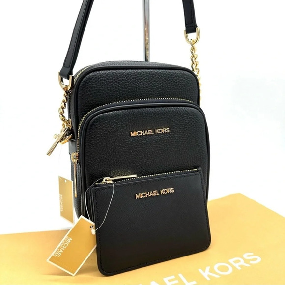 Michael Kors Medium NS Chain Xbody Bag & Small TZ Coinpouch w/ID Black/Gold - Picture 1 of 14